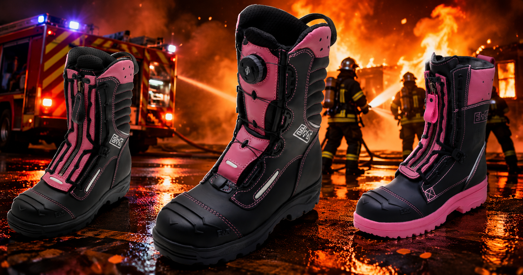Trois chaussures de randonnée noires et roses sur un trottoir mouillé, avec des flammes et un camion de pompiers.