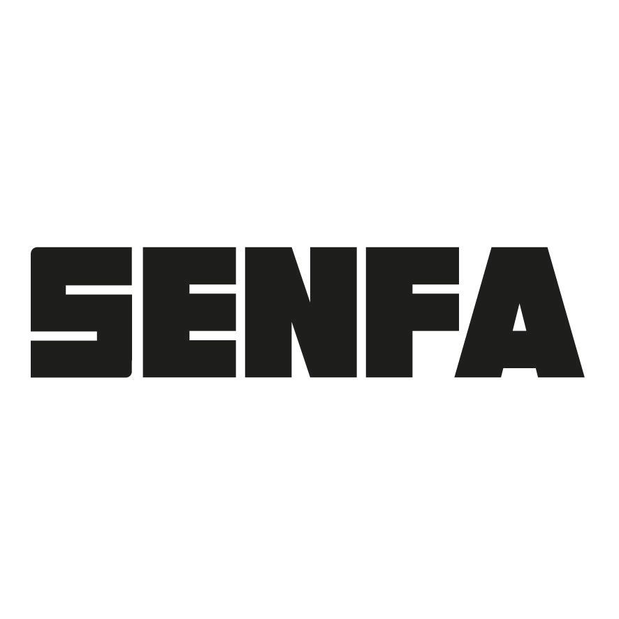 Un logo noir et blanc pour senfa sur fond blanc.