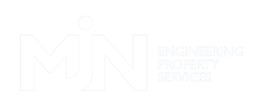 A white logo for engineering property services on a white background.