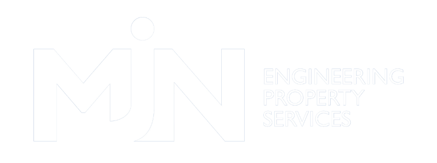 A white logo for engineering property services on a white background.