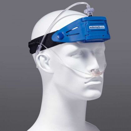 Mannequin wearing a blue and white oxygen delivery headset with clear nasal tubing