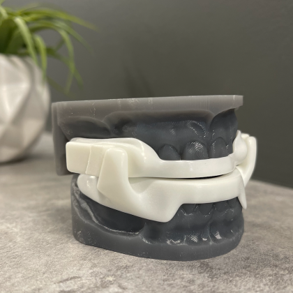 Dark gray jaw model with white braces on a tabletop