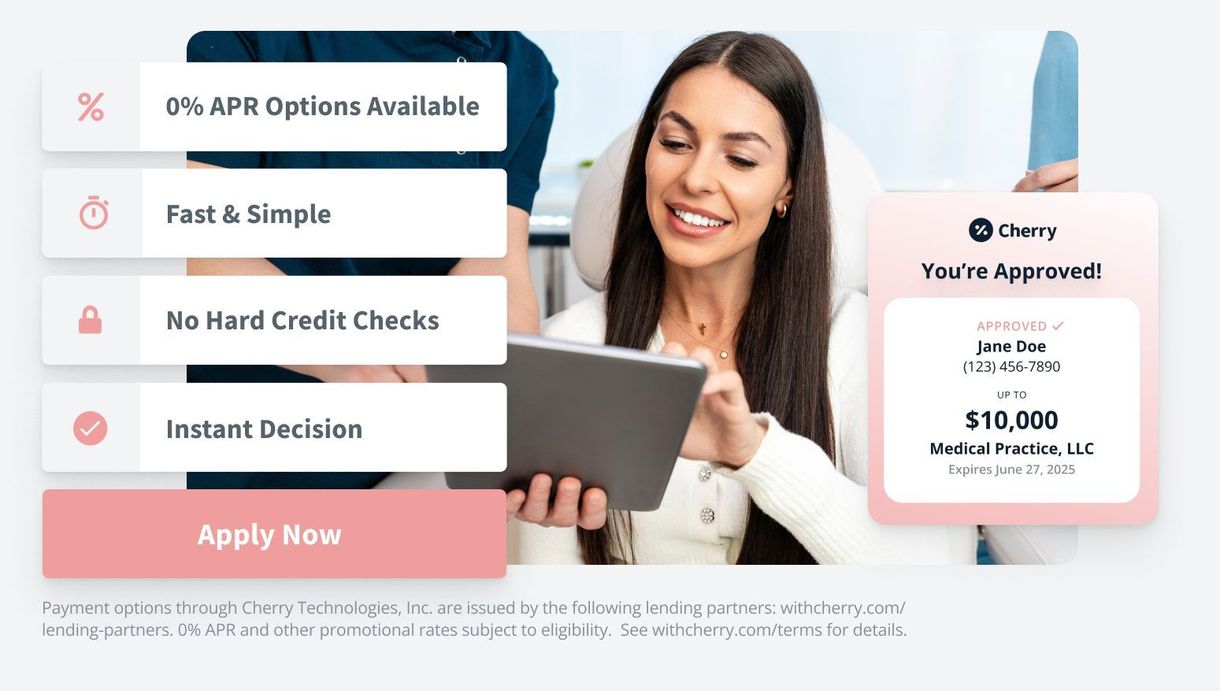 Smiling woman using a tablet beside ARP options and a pink Apply Now button