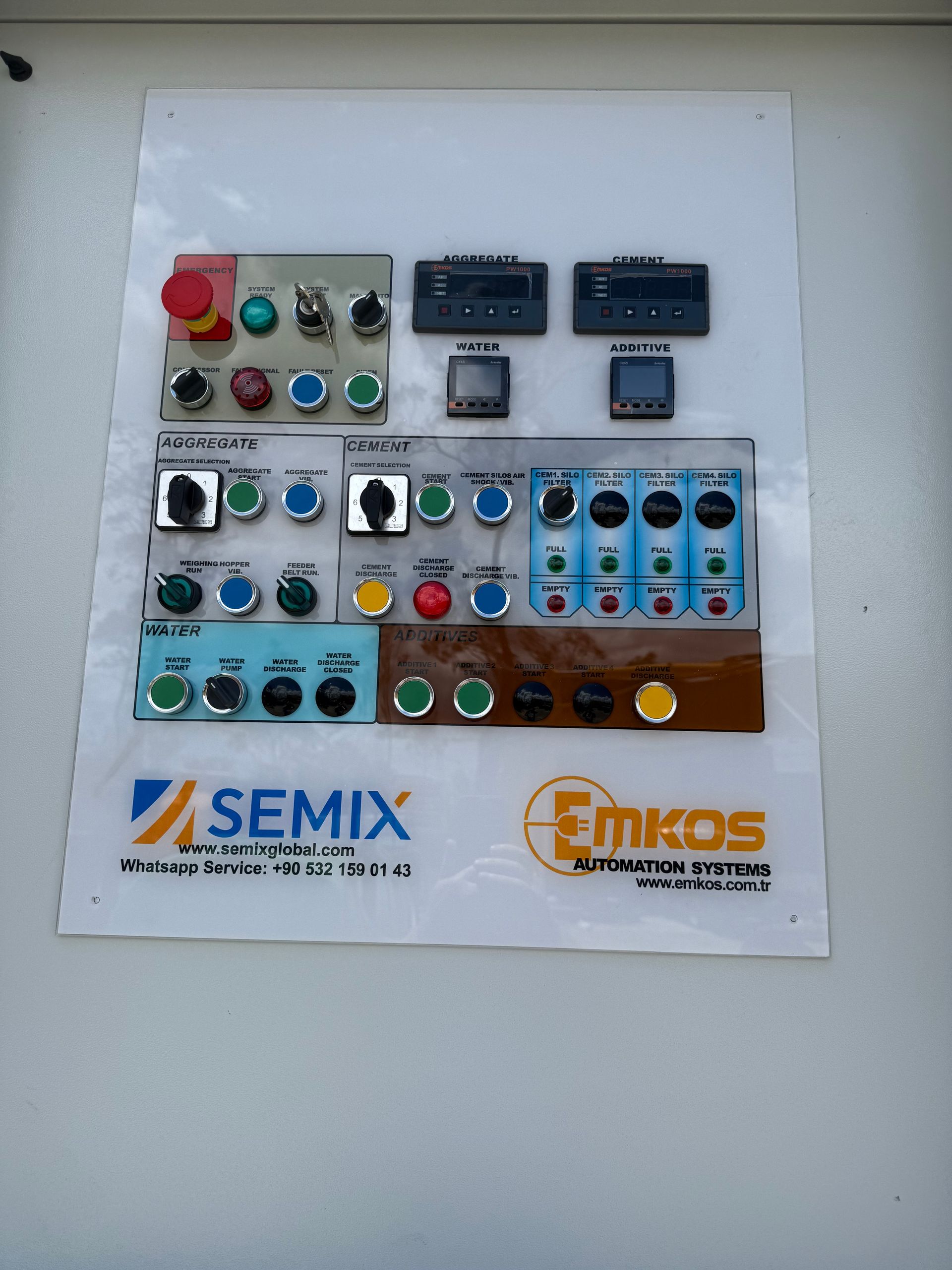 Control panel with buttons, switches, and displays, labeled with company logos: SEMIX and EMIKOS.