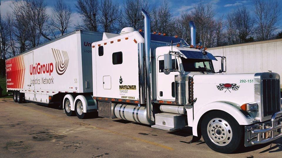 White semi-truck with a red-and-white trailer parked outdoors on a sunny day