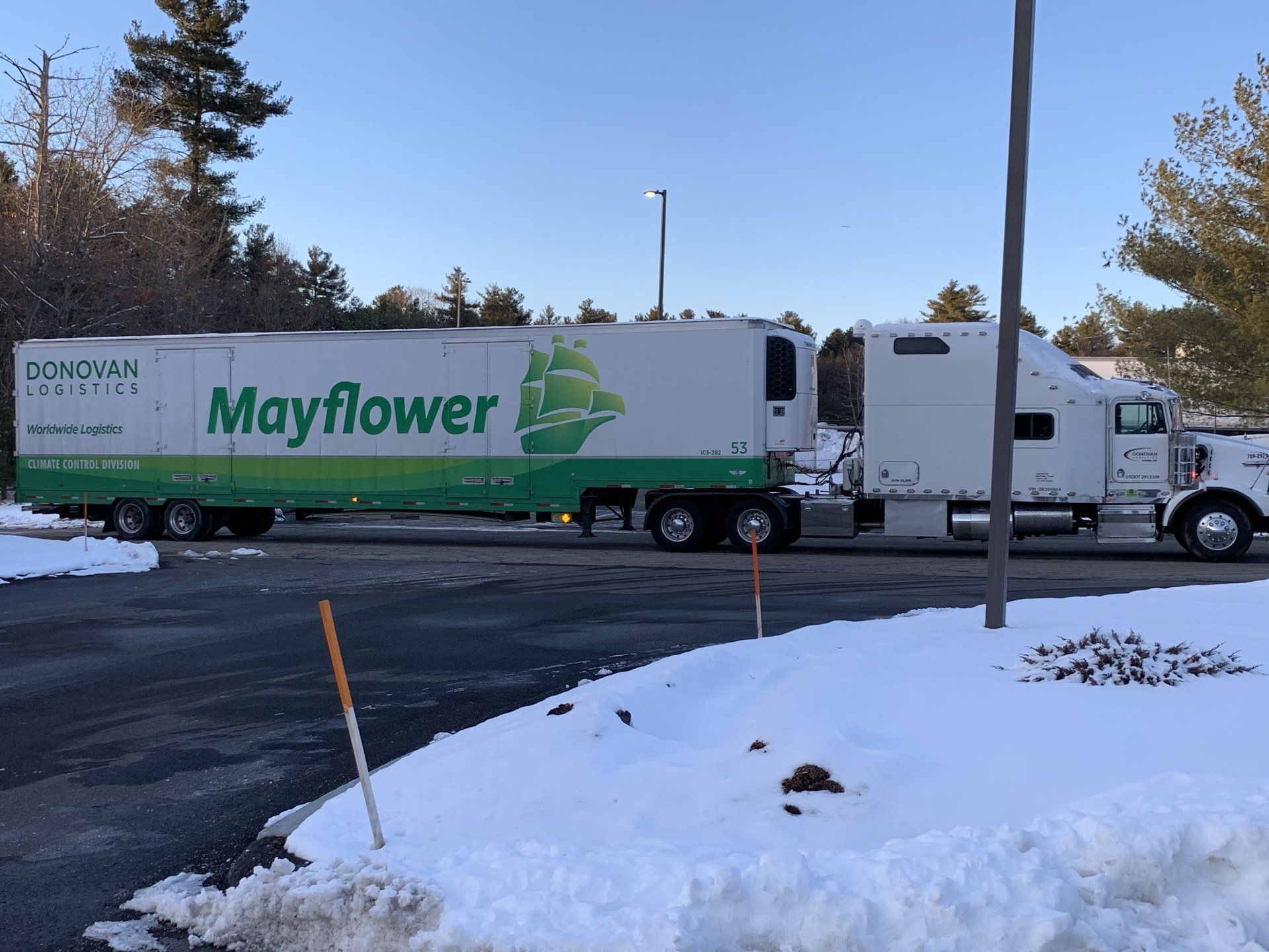 Mayflower moving truck parked in a snowy lot beside trees and a streetlight.