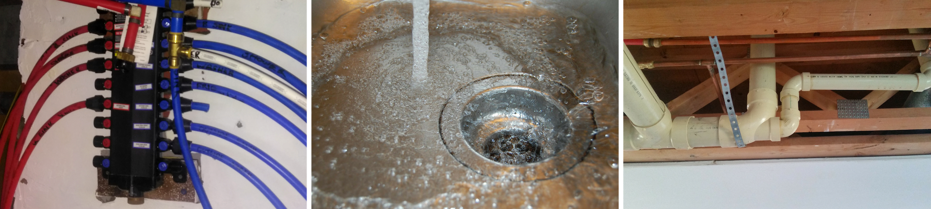 A composite of three plumbing images: a PEX manifold, a sink drain with flowing water, and white PVC pipes under a ceiling.