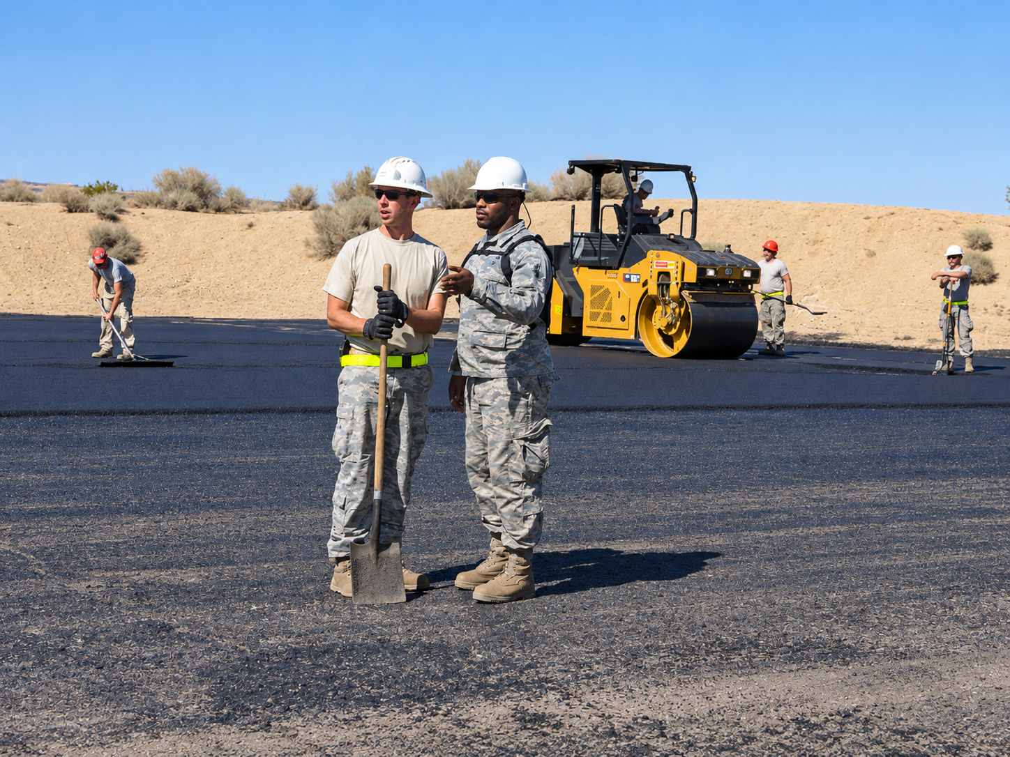 Two workers review freshly paved asphalt beside a roller during Asphalt Paving Services in College Station, TX outdoors.