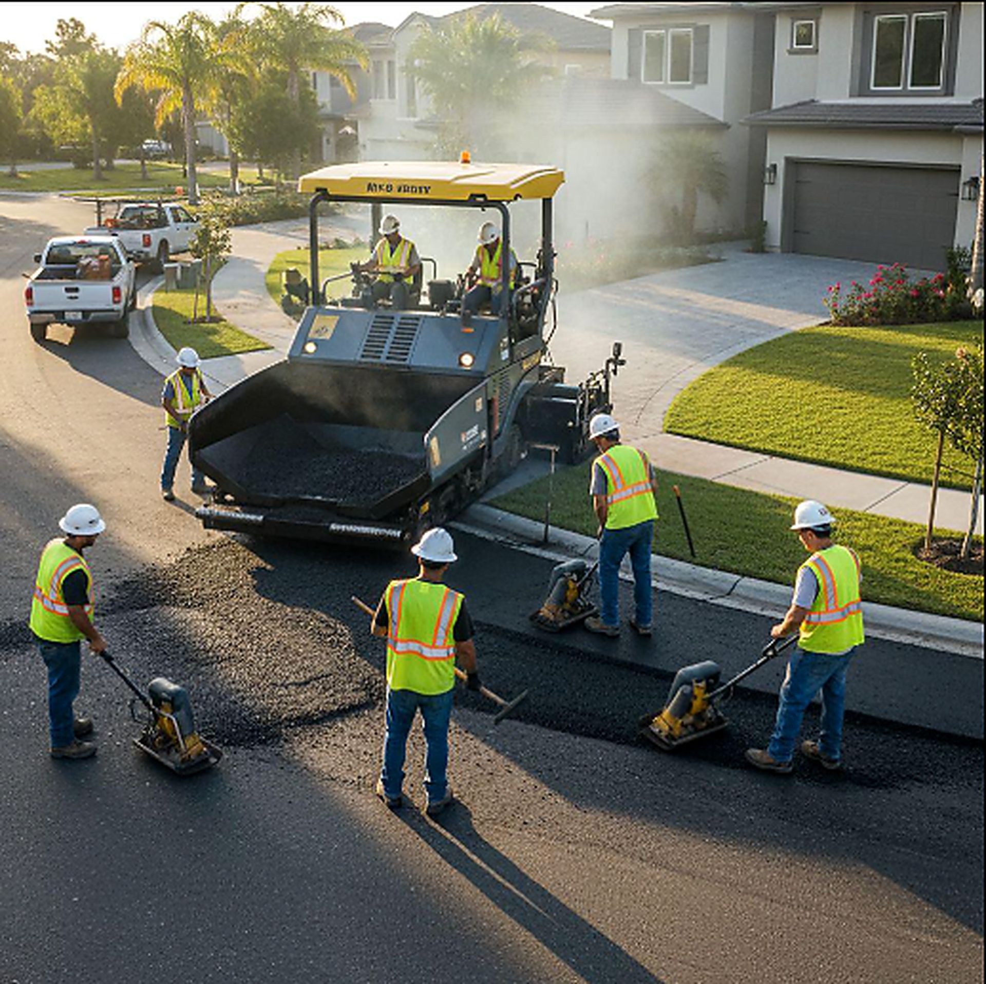 A paving machine and crew lay new asphalt outside a suburban home during Asphalt Paving Services in College Station, TX.