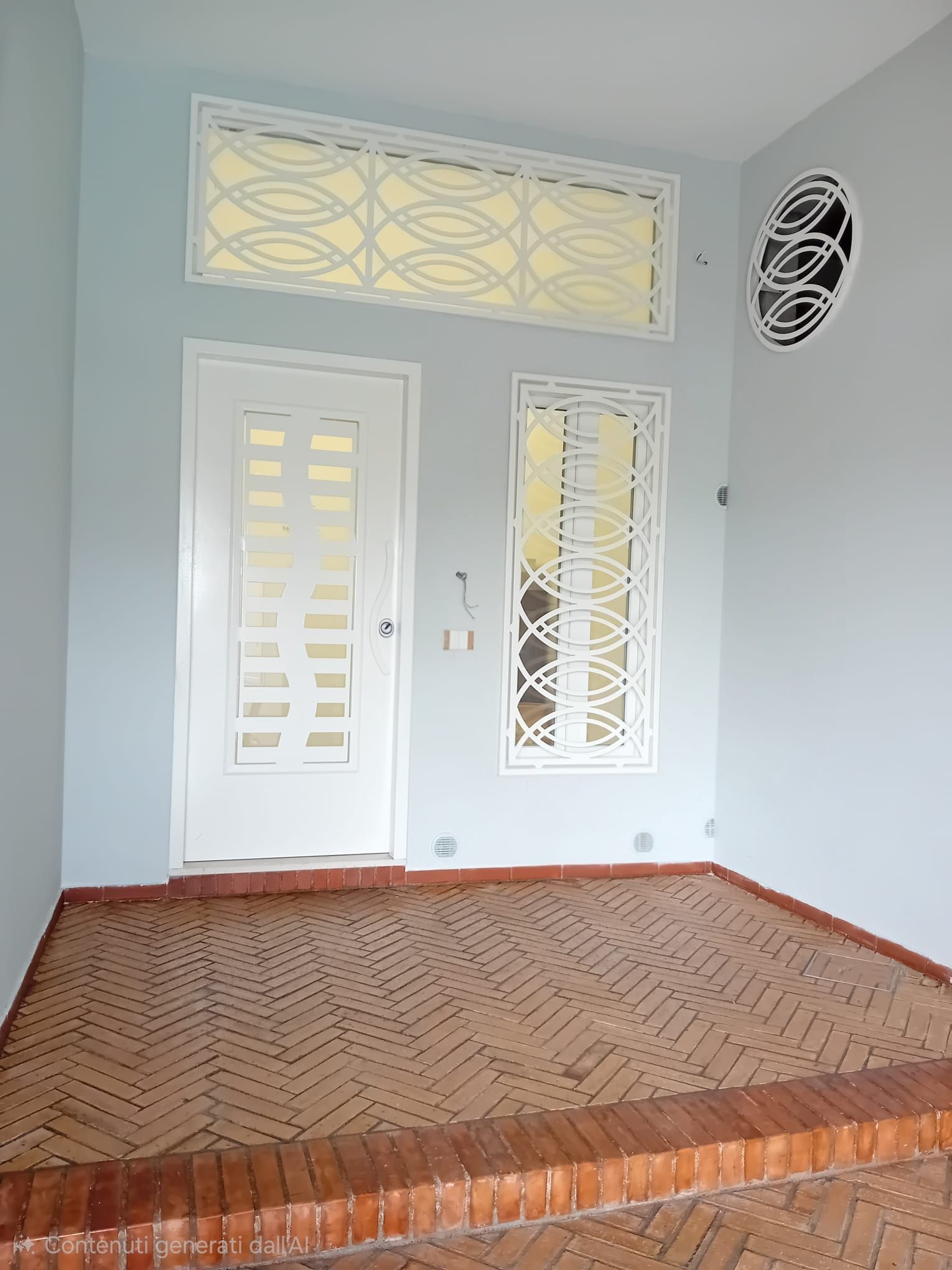 Veranda vuota con pareti azzurre, porte bianche e pavimento in mattoni decorati sotto un ingresso coperto.