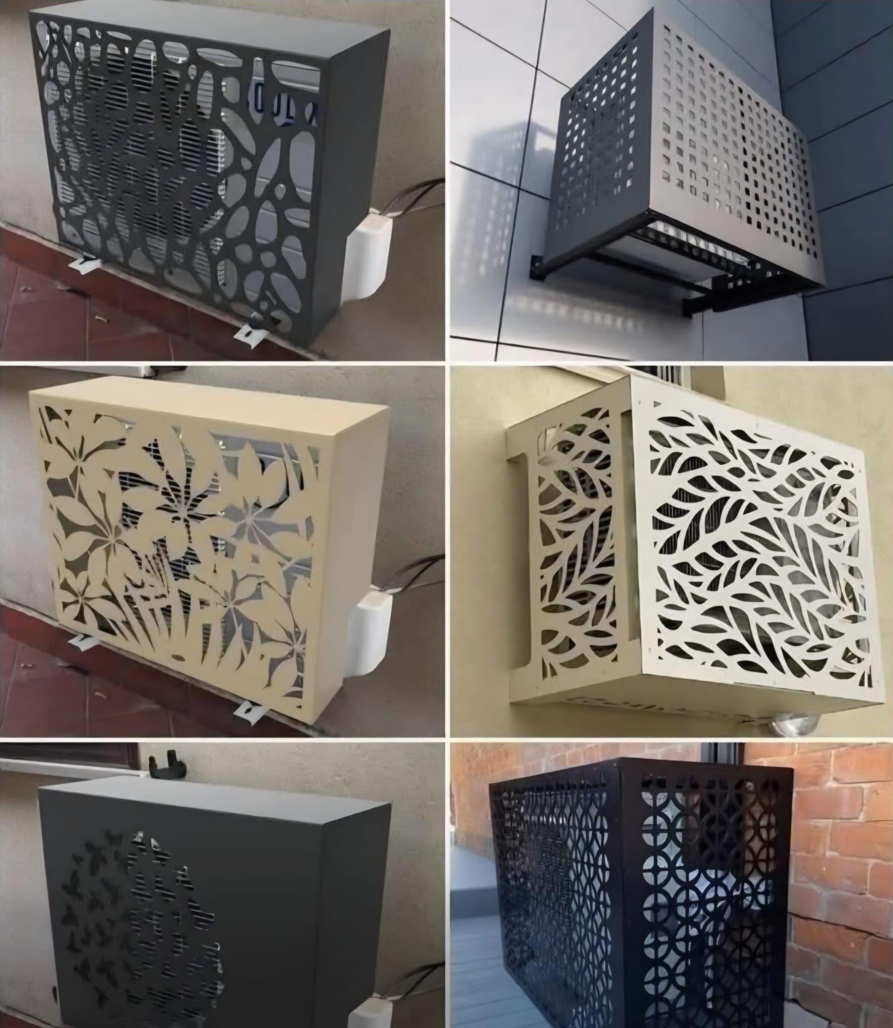 Collage di coperture decorative per mobili in metallo tagliate al laser, nei colori nero, beige e grigio scuro.