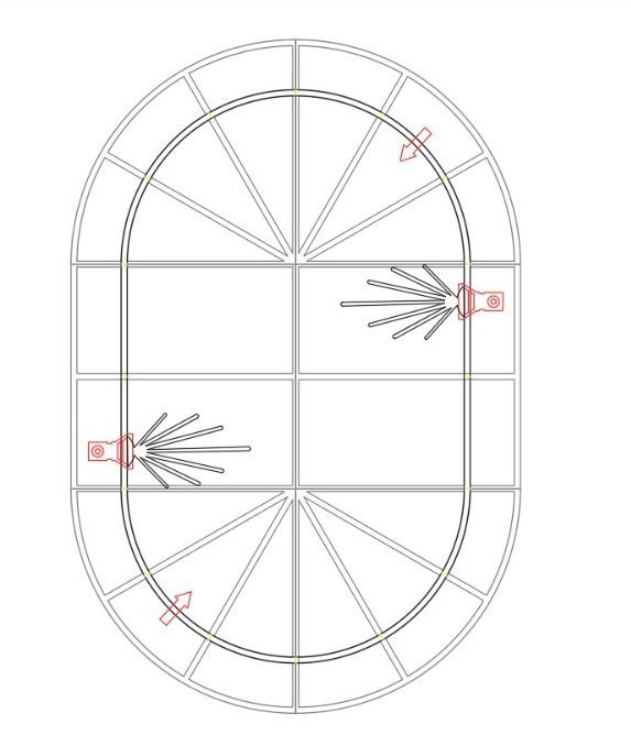Diagramma a finestra ovale con tre punti sensore rossi e linee di movimento grigie all'interno di una griglia.