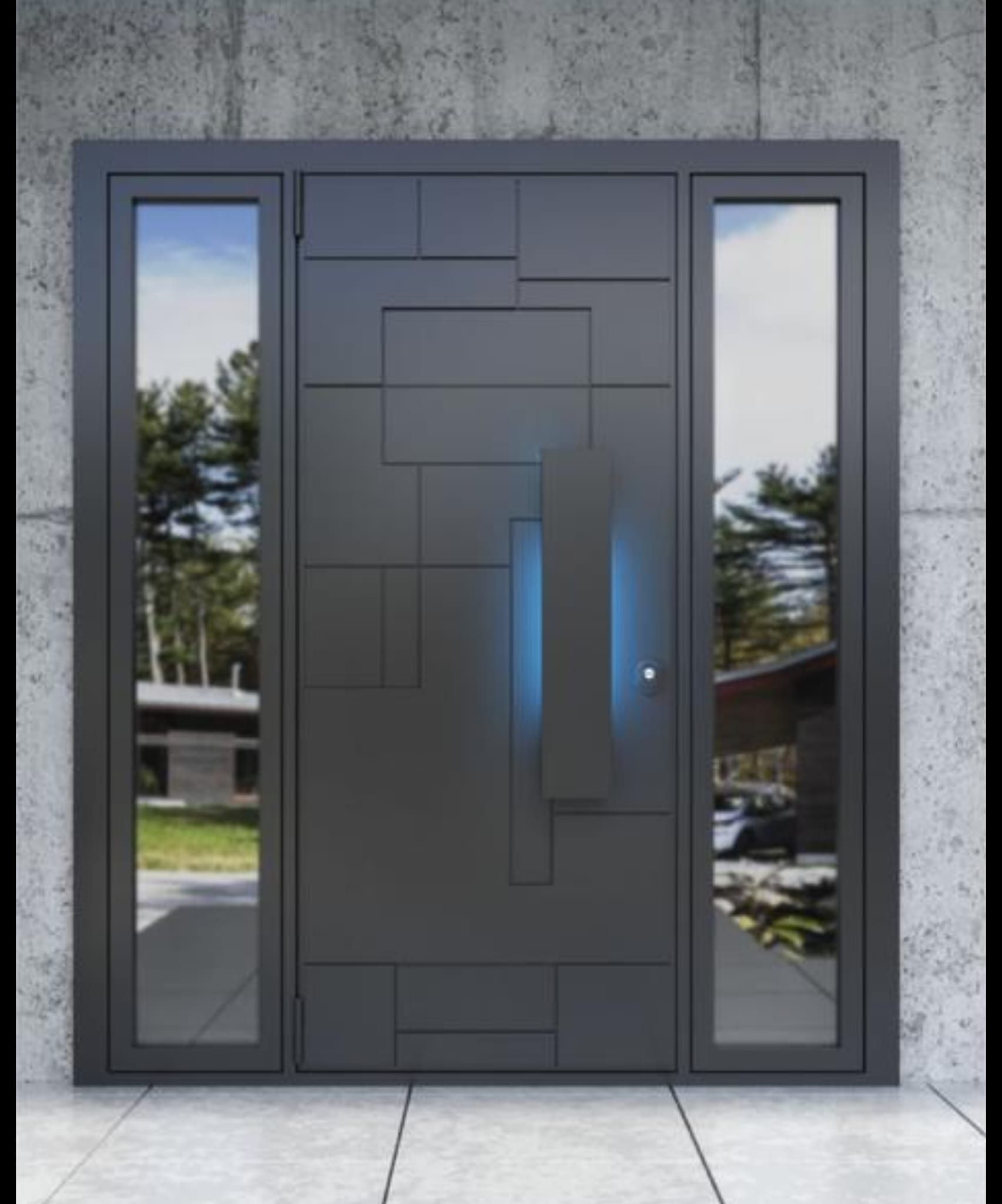 Porta d'ingresso moderna nera con strette finestre laterali in vetro incastonate in una parete di cemento grigio