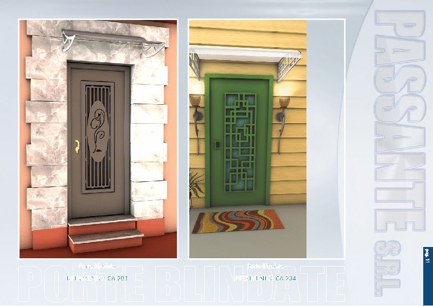Due porte d'ingresso: una porta marrone intagliata su un ingresso in pietra e una porta verde su rivestimento giallo.