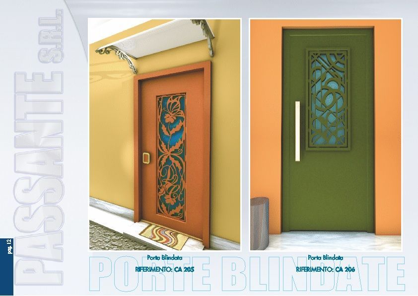Due porte d'ingresso moderne, una arancione e una verde, con pannelli decorativi in vetro e maniglie bianche.