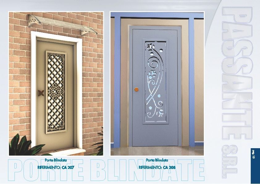 Due porte d'ingresso decorative: una beige con pannello a griglia e una grigia con inserto in vetro a motivi floreali.