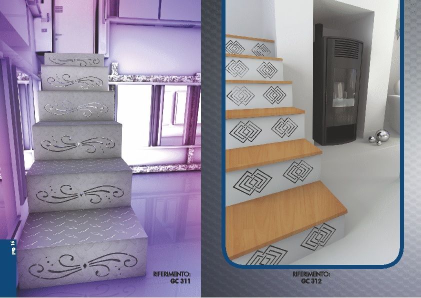Scala a doppia faccia con gradini grigi decorati, affiancata da una moderna scala in legno e una vetrina.