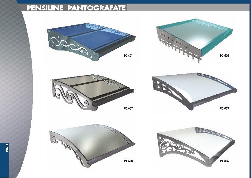 Sei tende da sole trasparenti illustrate, con diverse configurazioni di struttura metallica, sia curva che piatta.