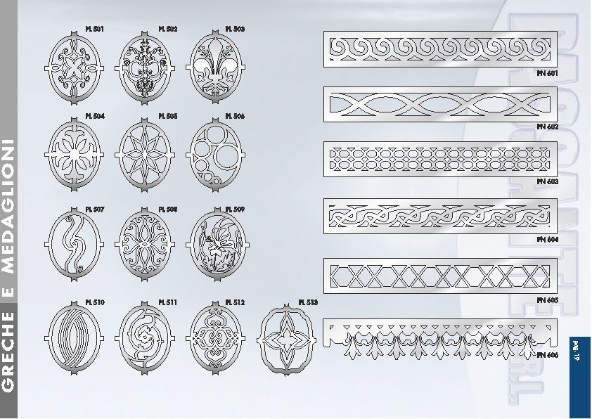 Schema di motivi decorativi e bordi greci medievali in disegni al tratto in bianco e nero