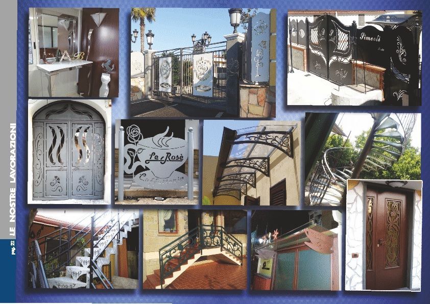 Collage di cancelli, porte e ringhiere decorative in ferro battuto su case e balconi.