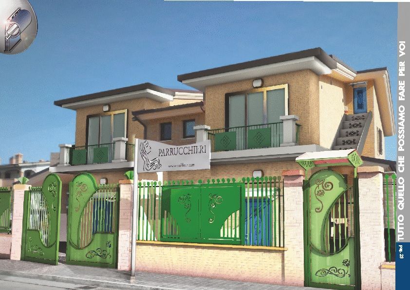 Casa moderna a due piani con cancello e recinzione verdi sotto un cielo azzurro limpido
