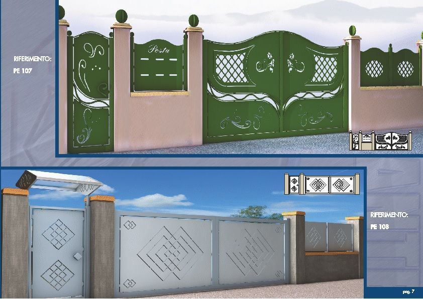Due cancelli e muri decorativi in metallo: uno verde con pilastri rosa nella parte superiore e uno grigio con pilastri blu in quella inferiore.