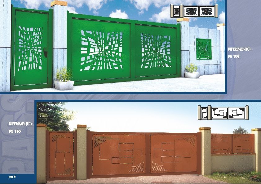 Due moderni cancelli d'ingresso: cancello in metallo verde brillante in alto, cancello in metallo marrone in basso.
