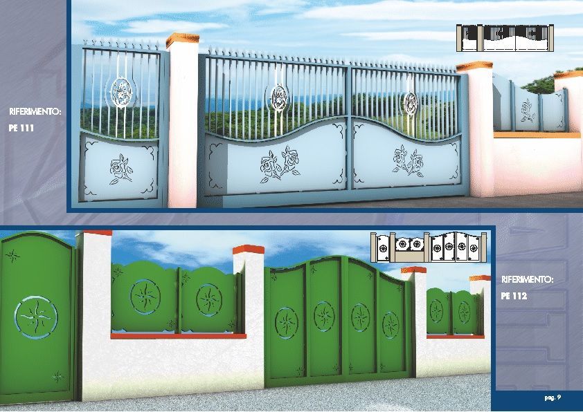 Due cancelli decorativi in metallo: cancello blu in alto, cancello verde in basso, ciascuno con pannelli di recinzione e muri bianchi abbinati.