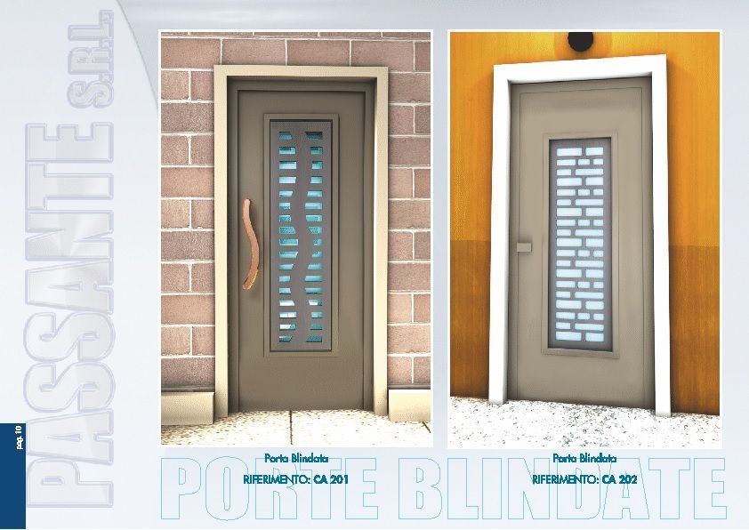 Due porte d'ingresso moderne con pannelli verticali in vetro, mostrate una accanto all'altra su pareti con finiture diverse.
