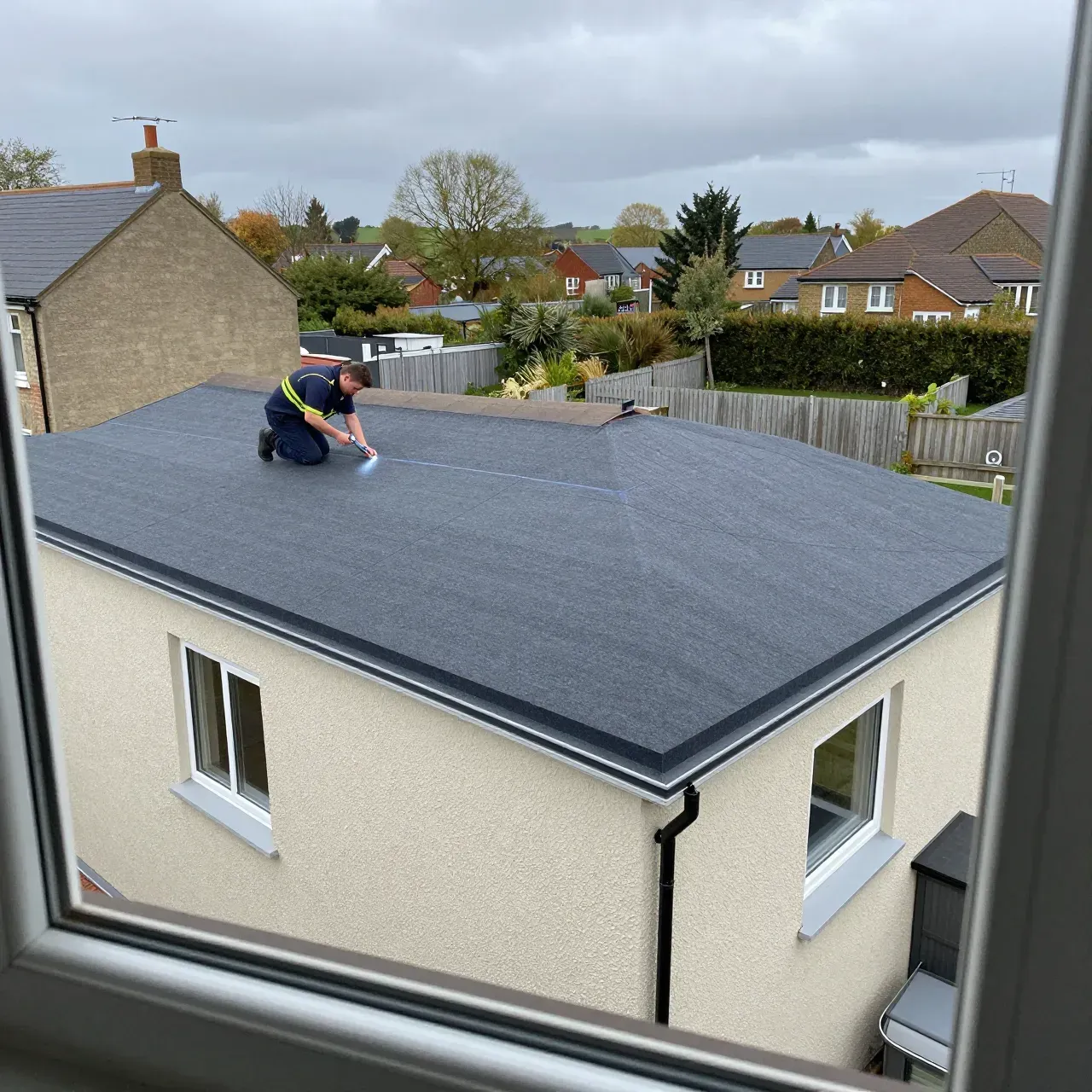 Roofer sealing a new torch-on felt flat roof on a house extension in Ireland