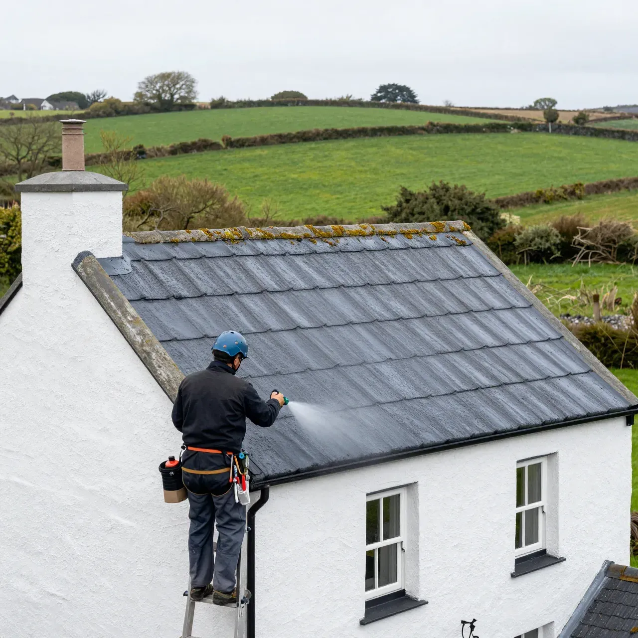 Roofer applying a protective coating to the tiled roof of a white Irish country house