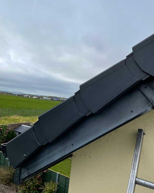 A roof with a ladder attached to it and a field in the background.