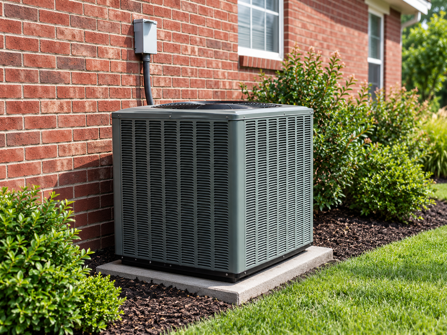 Outdoor air conditioning unit beside a brick house, surrounded by shrubs and grass