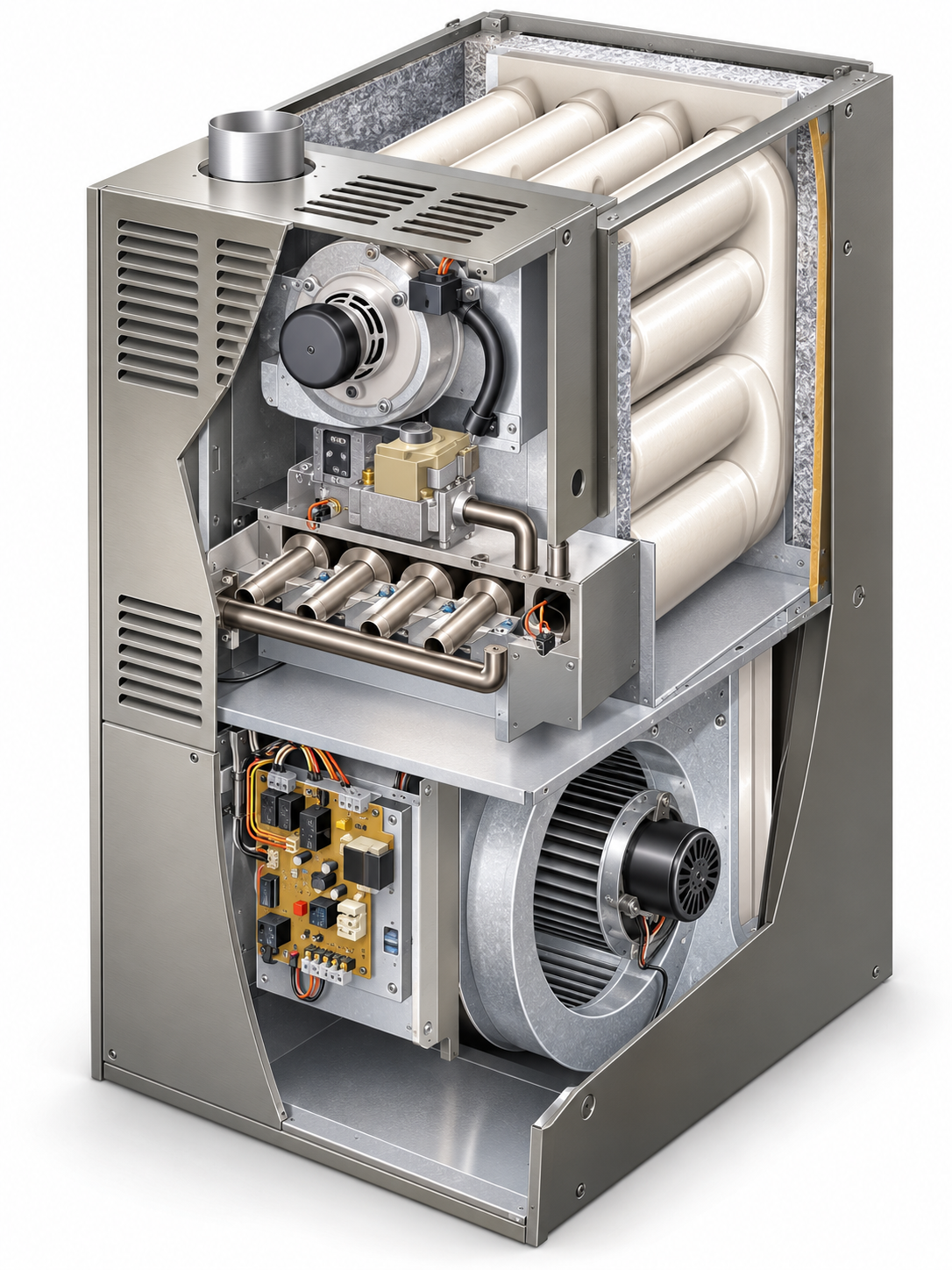 Cutaway view of a mechanical device with gears, fans, and cylindrical components inside a metal housing
