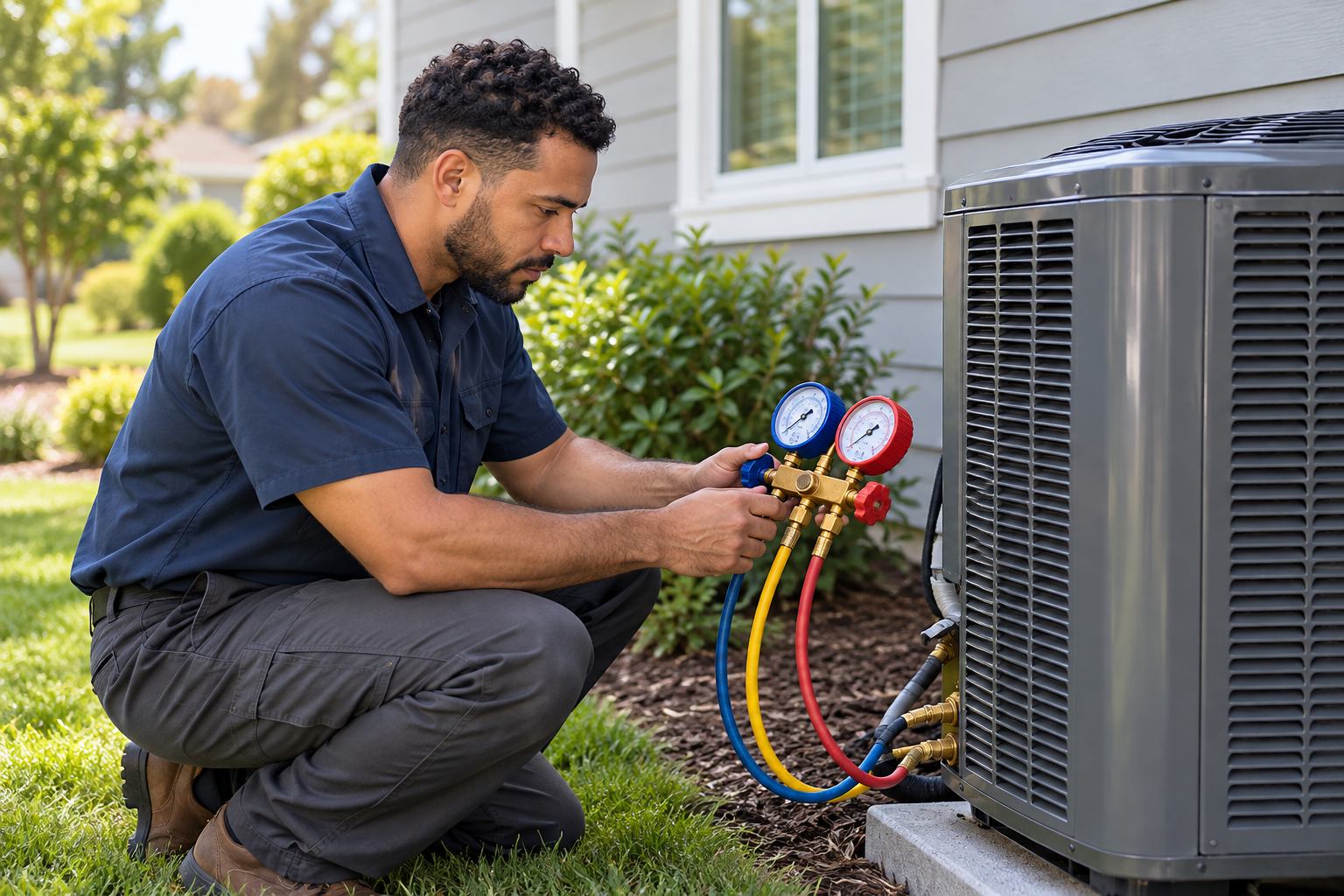 Technician checking HVAC unit gauges beside a house, with colored hoses connected to the system