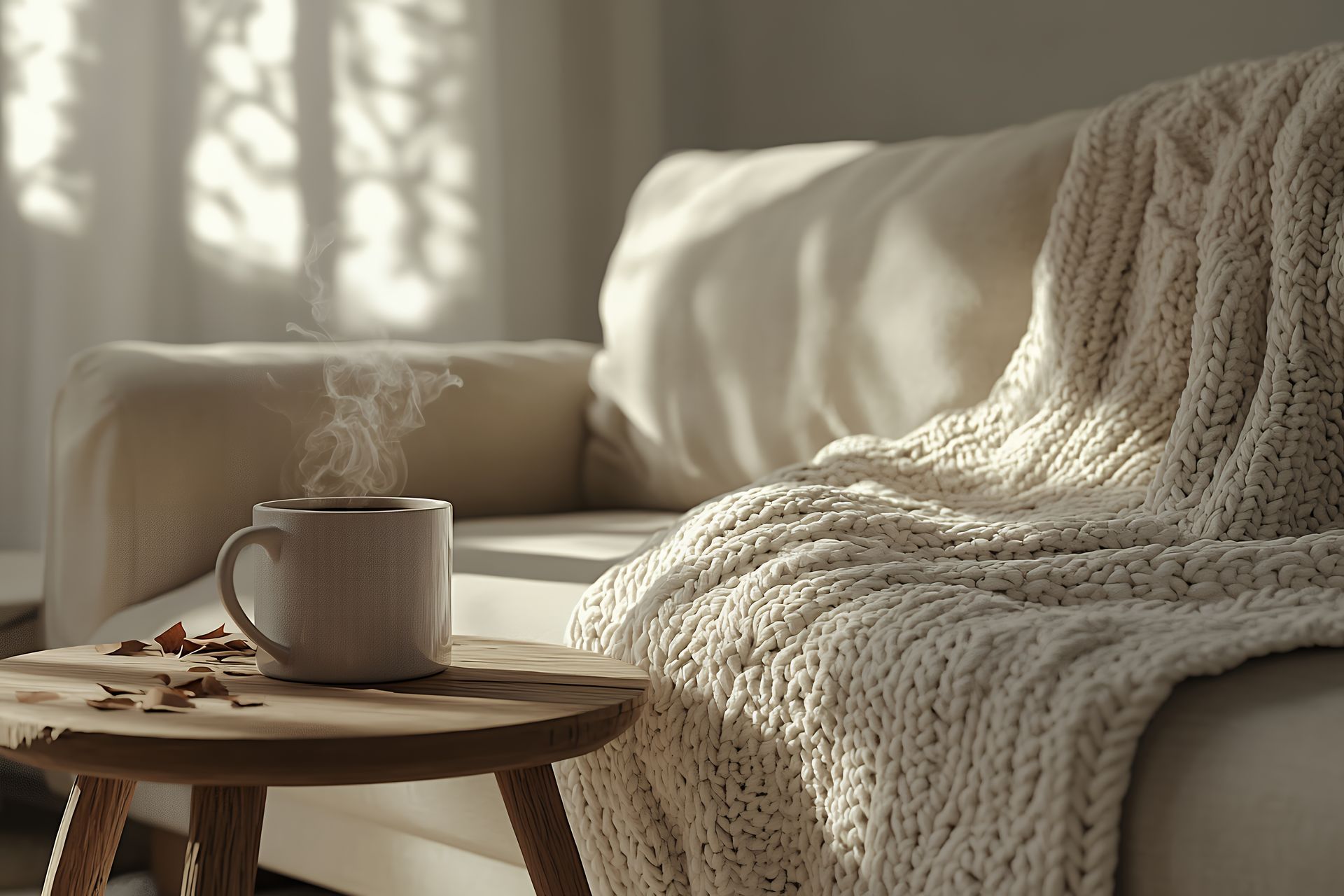 Cozy sofa with a chunky knit blanket and mug on a coffee table.