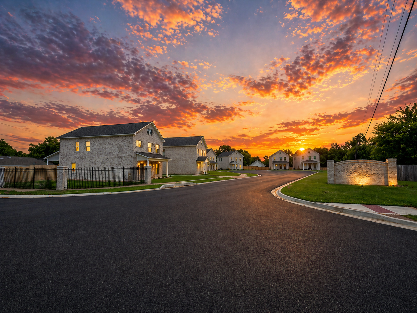 Forest Lake homes along the neighborhood street at sunset
