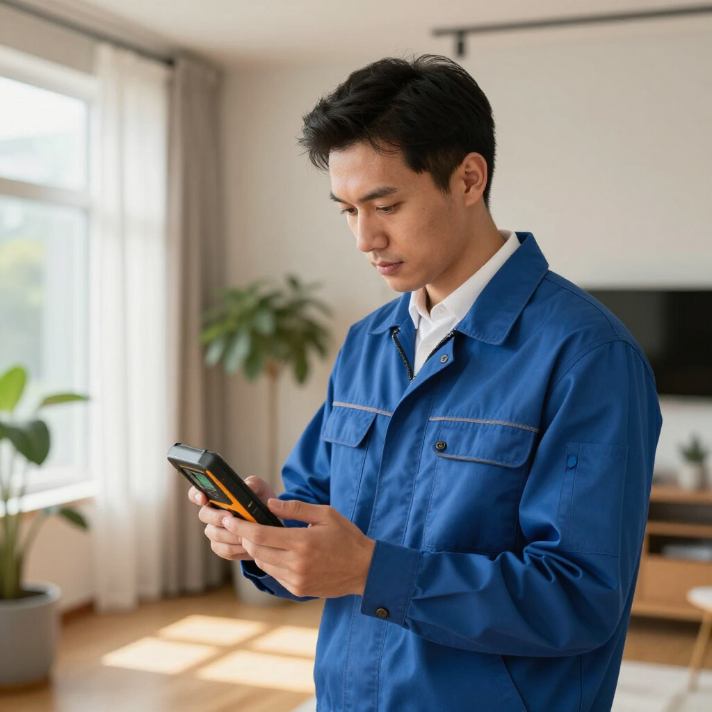 一名身穿藍色工作夾克的男子在室內窗邊使用智慧型手機。