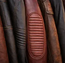 Close-up of four leather jackets in tan, textured grey, green, and black, hanging on red hangers.