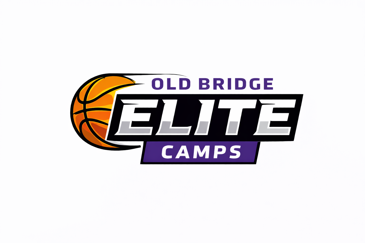 Old Bridge Elite Camps logo with orange basketball and purple text on white background