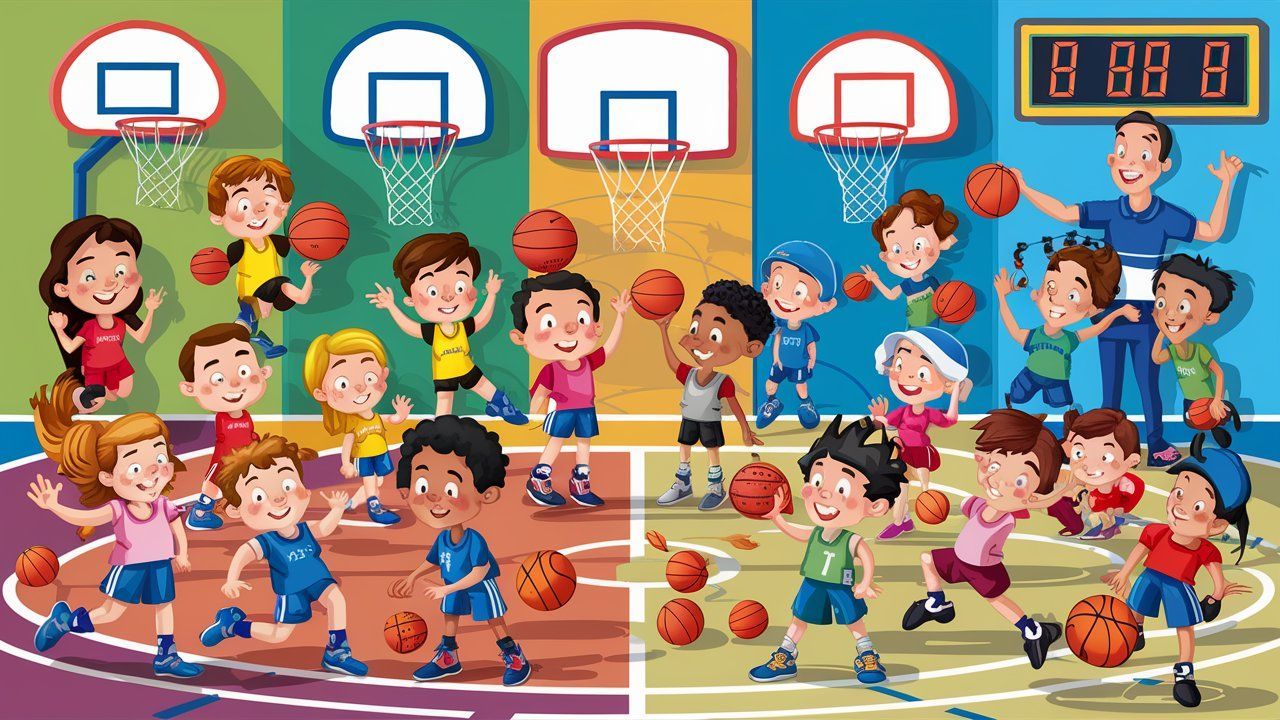 Children playing basketball in a gym with colorful hoops, coaches watching, and a scoreboard in the background