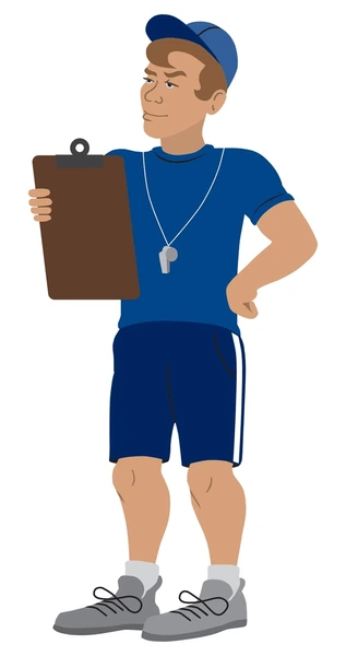 Cartoon worker in blue uniform holding a clipboard, standing with one hand on his hip.