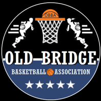 Old-Bridge Basketball Association logo with hoop, players, stars, and black, orange, and blue colors