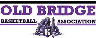 Old Bridge Basketball Association logo with purple text and a knight mascot