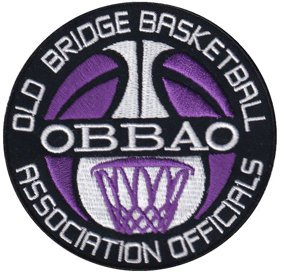 Old Bridge Basketball Association Officials logo in purple, black, and white with a basketball graphic