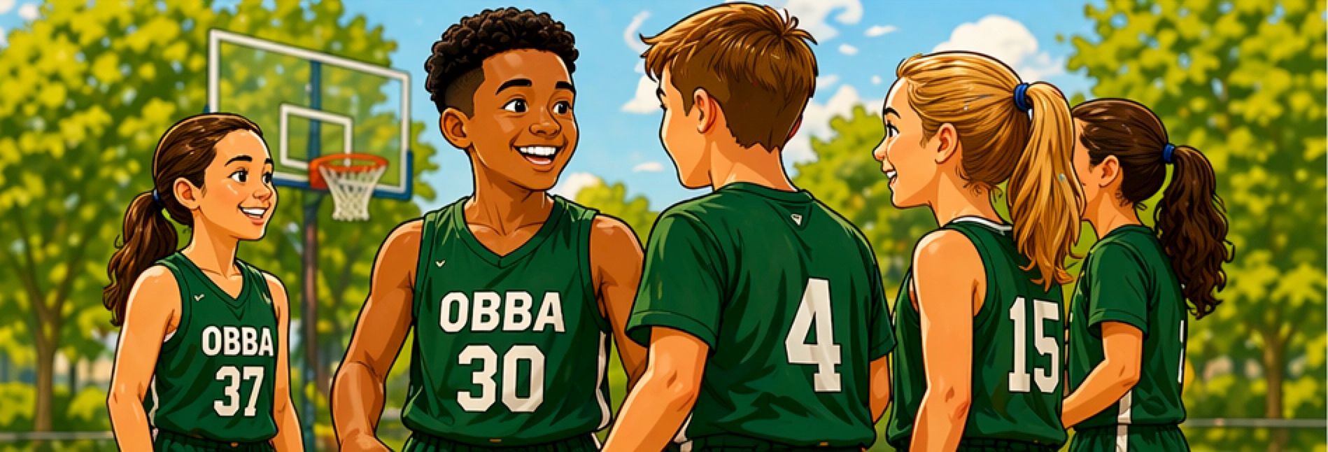 Group of young athletes in green jerseys gathered on a sunny field, seen from behind and in profile.