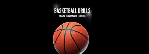 Basketball drills title over an orange basketball on a black background