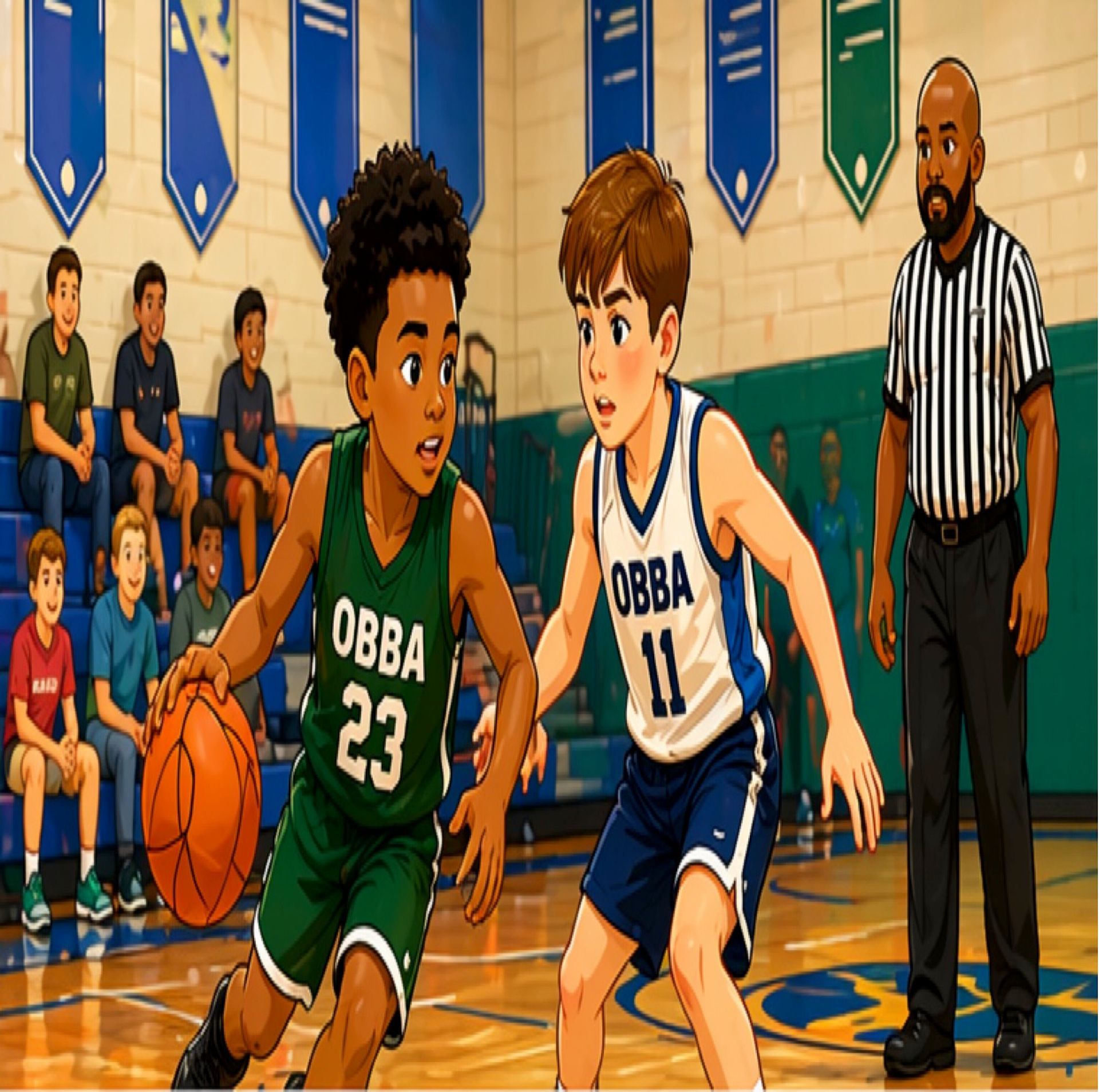 Youth basketball game in a gym, two players dribble and defend near the court, referee watching nearby.
