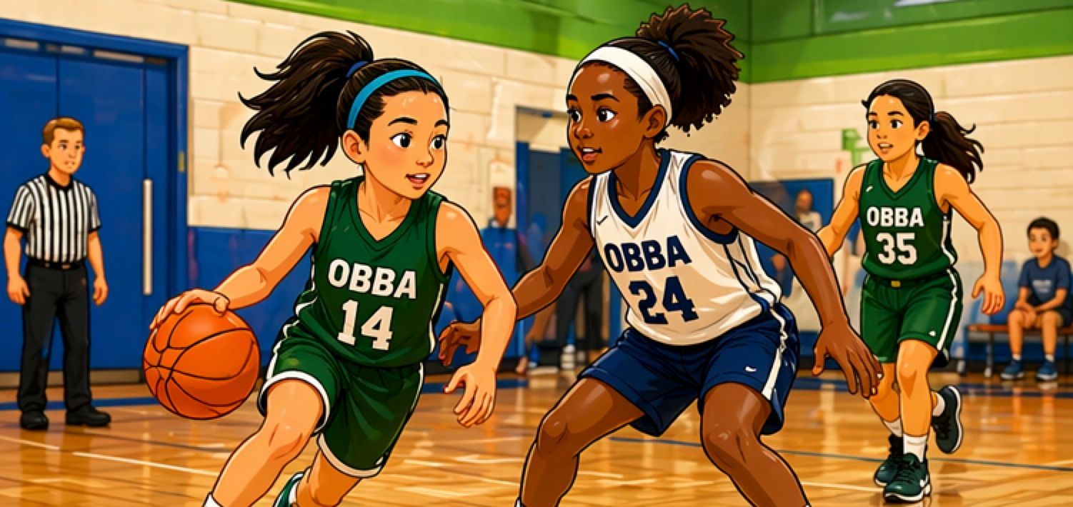 Girls playing basketball in a gym, with green and orange uniforms dribbling near the hoop.
