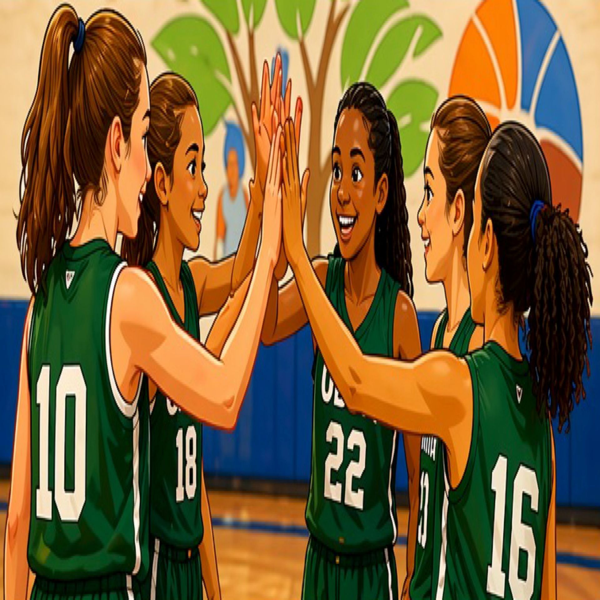 Basketball team in green jerseys high-fiving in a gym, smiling after a play